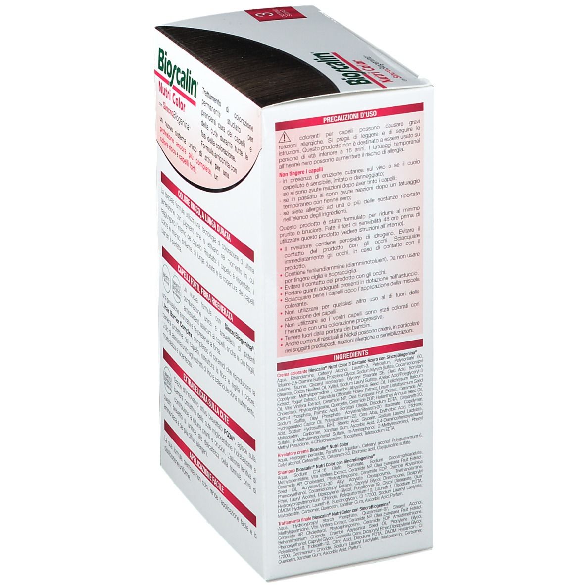 Bioscalin Nutri Color 3 Dunkelbraun. Verpackung mit Warnhinweisen und Inhaltsstoffen. Text in italienischer Sprache.