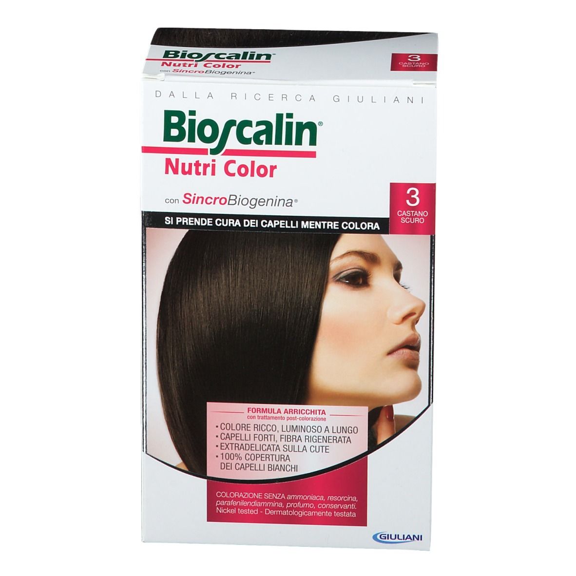Bioscalin Nutri Color 3 Dunkelbraun. Produktverpackung mit Produktabbildung und Namen. Aufschrift: "Castano Scuro".