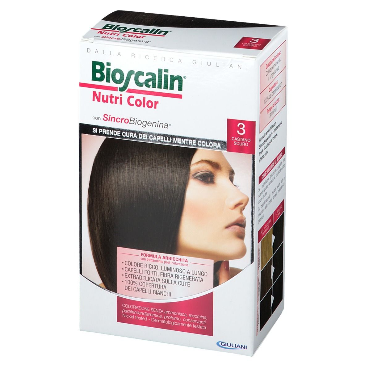 Bioscalin Nutri Color 3 Dunkelbraun. Produktverpackung mit Produktabbildung und Namen. Aufschrift: "Castano Scuro".