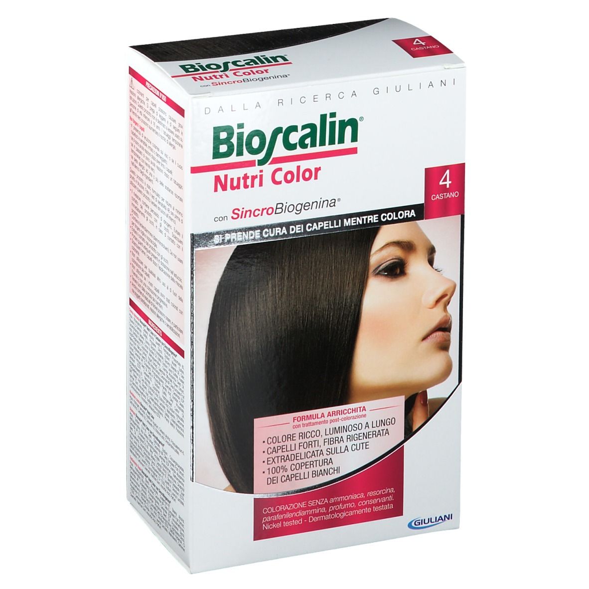 Bioscalin Nutri Color Box. Braun 4. Frau mit braunen Haaren. Text: SinCroBioGenina.