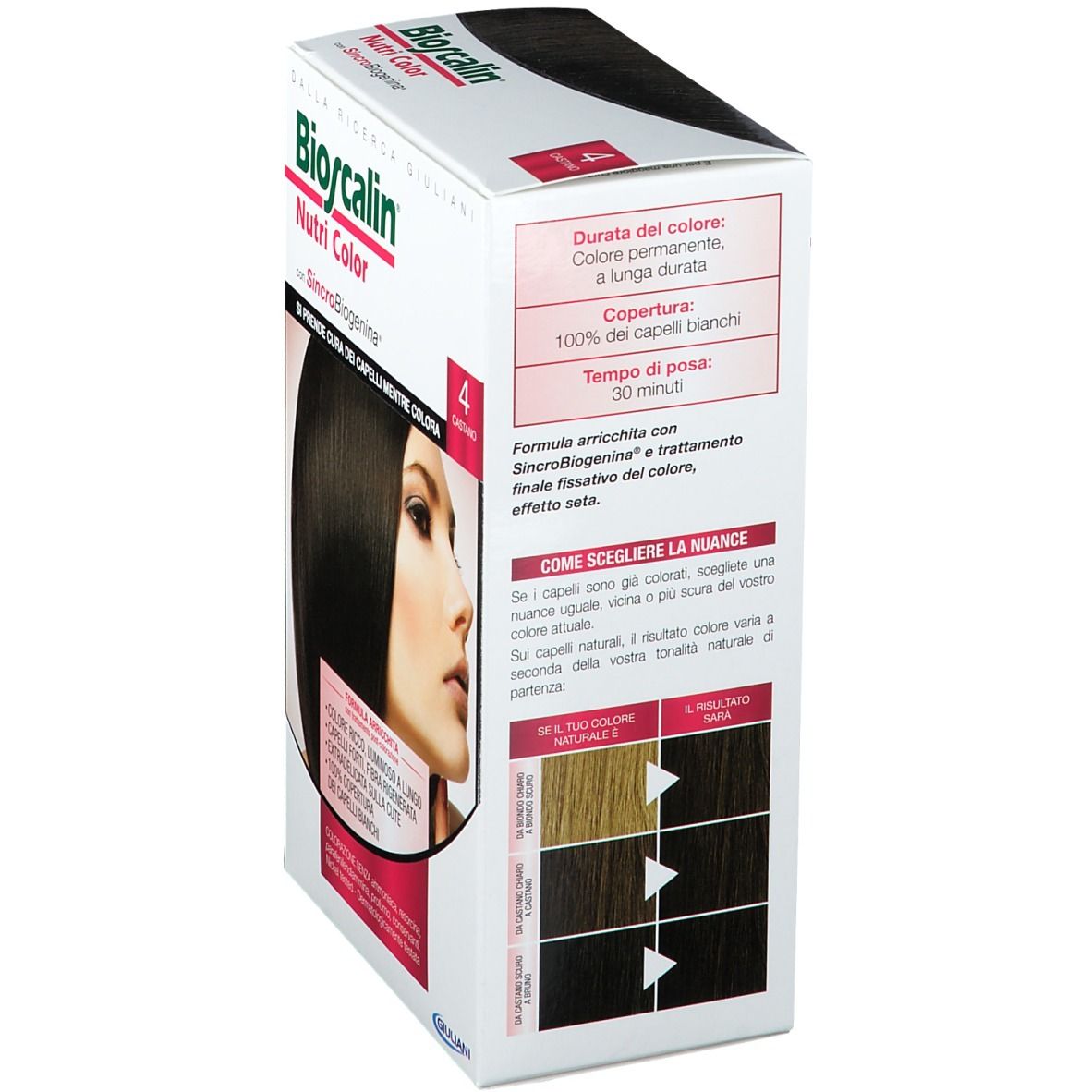 Bioscalin Nutri Color Box. Braun 4. Seitenansicht. Text: SinCroBioGenina. Farbauswahl.