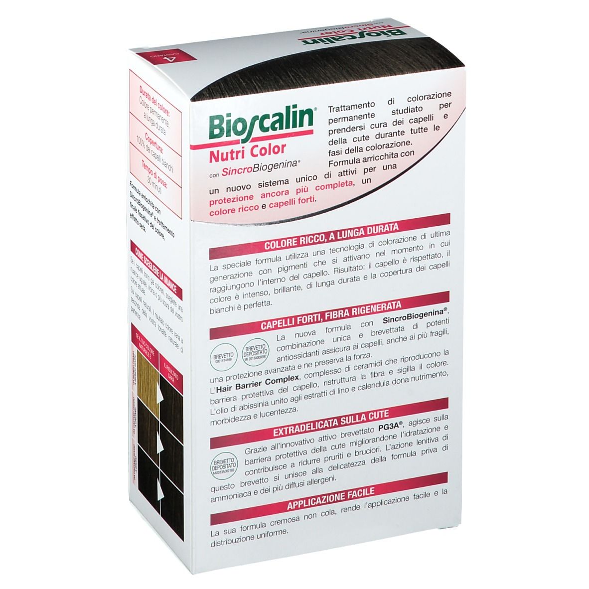 Bioscalin Nutri Color Box. Braun 4. Text: SinCroBioGenina. Beschreibung der Inhaltsstoffe und Vorteile.