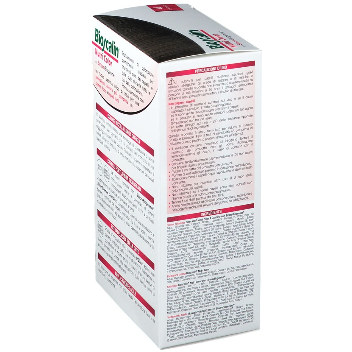 Bioscalin Nutri Color Box. Braun 4. Rückseite mit Inhaltsstoffen und Vorsichtshinweisen.