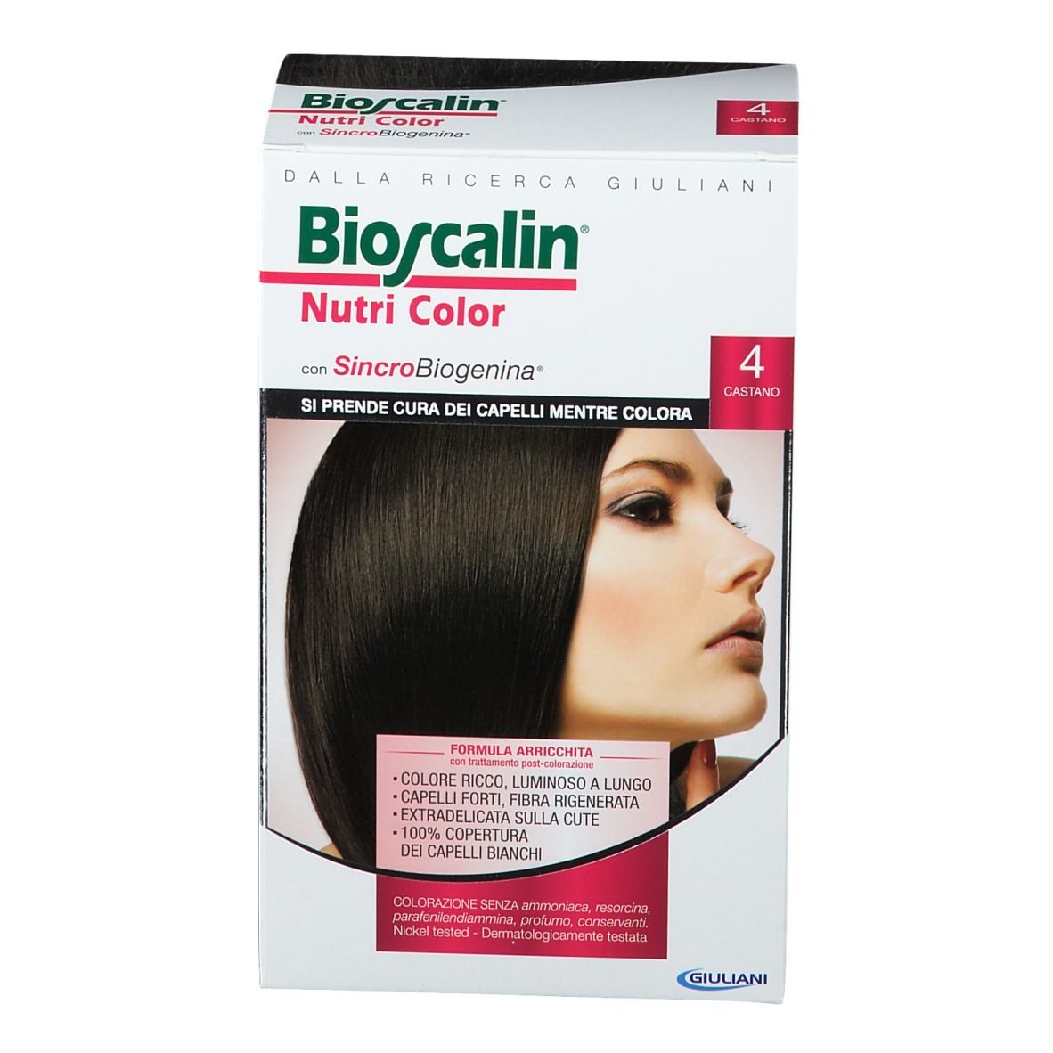 Bioscalin Nutri Color Box. Braun 4. Frau mit braunen Haaren. Text: SinCroBioGenina.