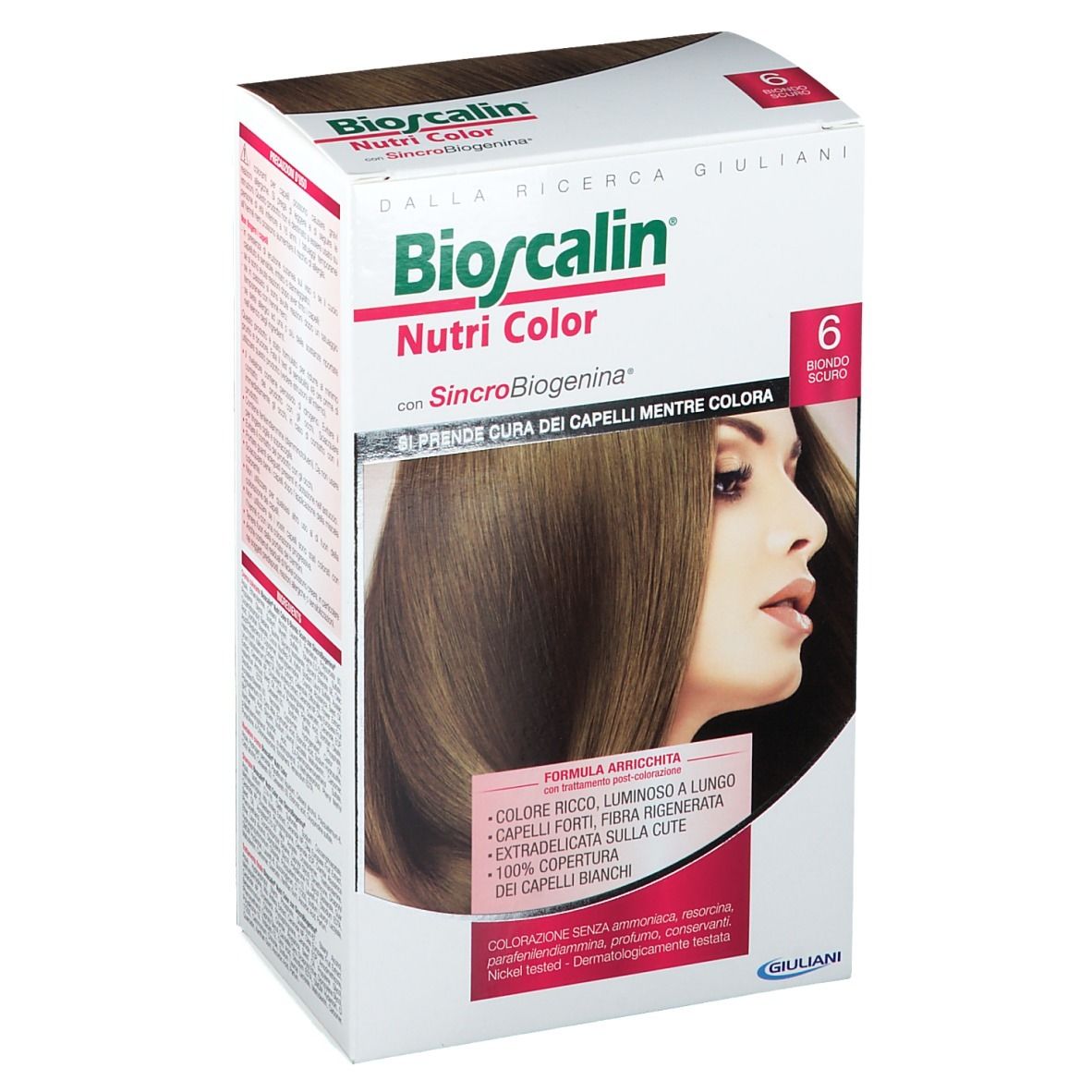 Bioscalin Nutri Color, Packung. Biondo Scuro 6. Frau mit gefärbten Haaren. Produktinformationen auf der Verpackung.