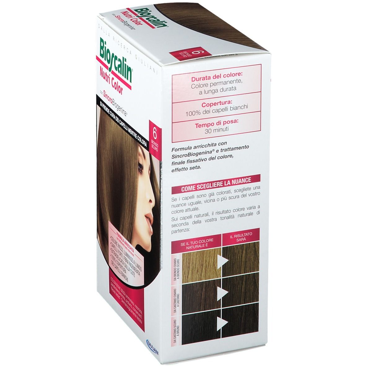 Bioscalin Nutri Color, Biondo Scuro 6. Verpackung, Seitenansicht. Informationen zu Farbdauer, Deckkraft und Einwirkzeit.