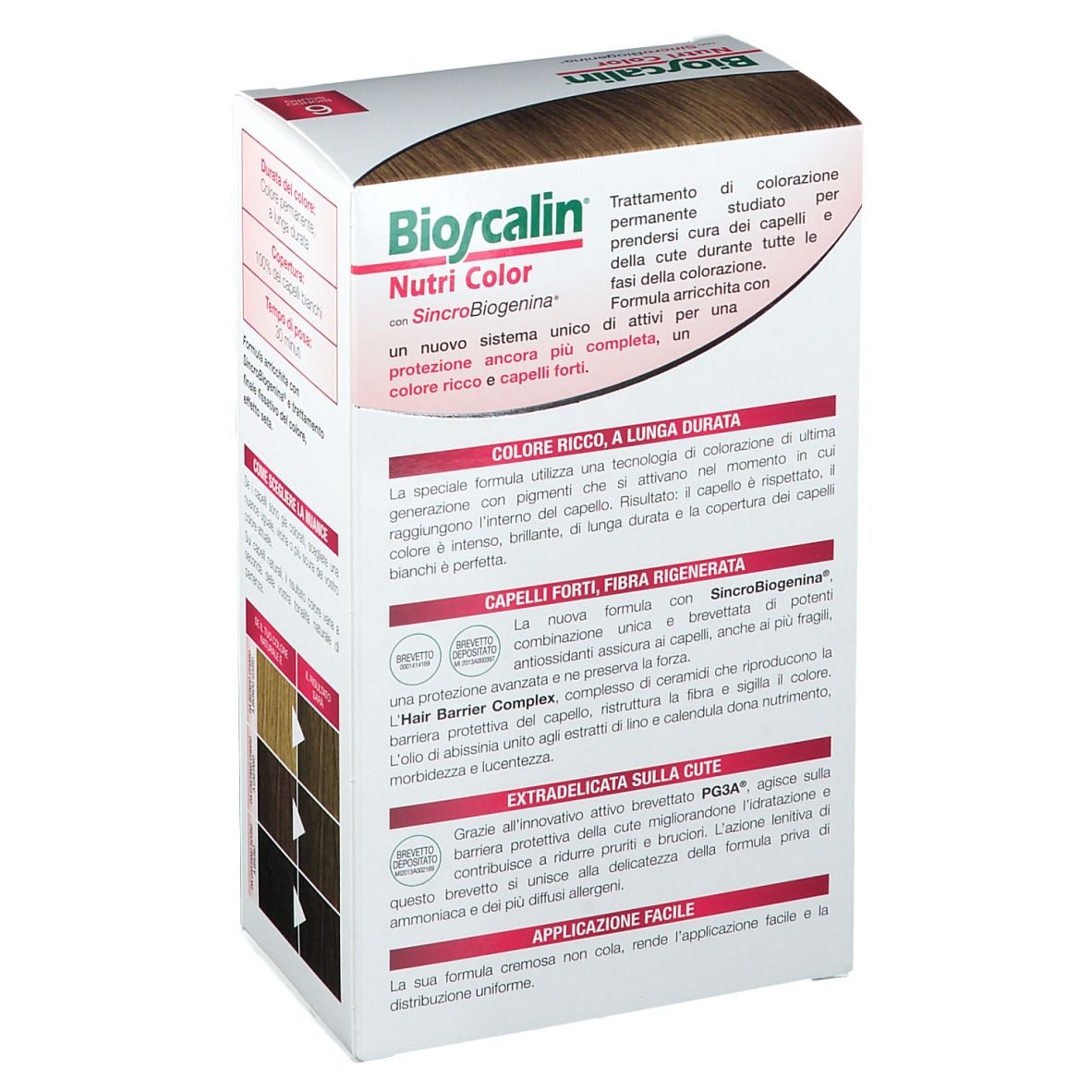 Bioscalin Nutri Color, Biondo Scuro 6. Verpackung, Rückseite. Produktinformationen, Inhaltsstoffe und Vorteile.