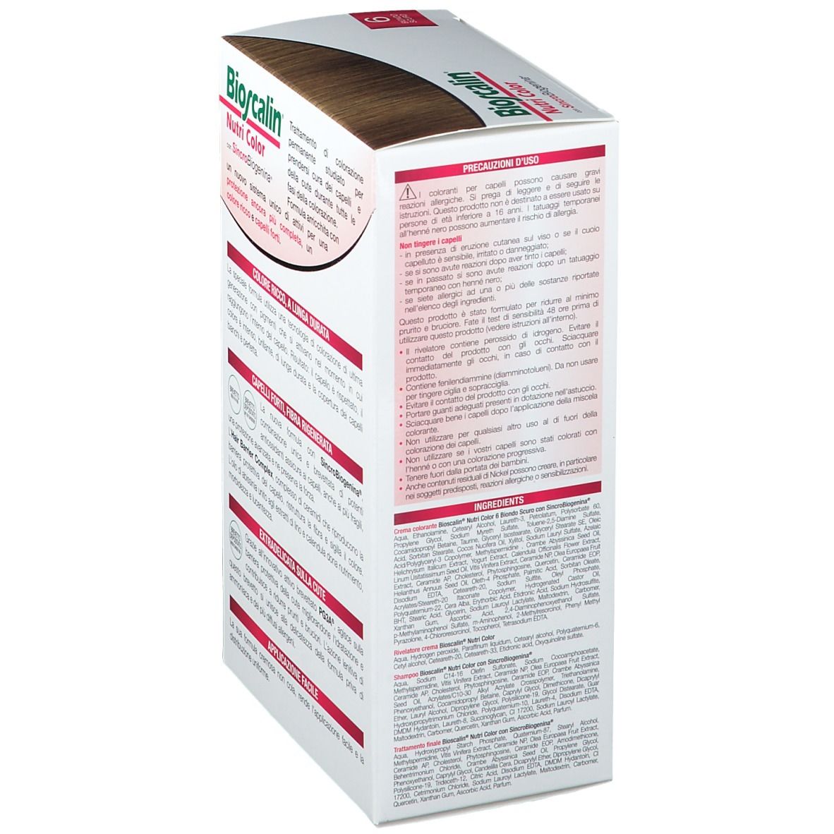 Bioscalin Nutri Color, Biondo Scuro 6. Verpackung, Rückseite. Vorsichtsmaßnahmen und Inhaltsstoffe.