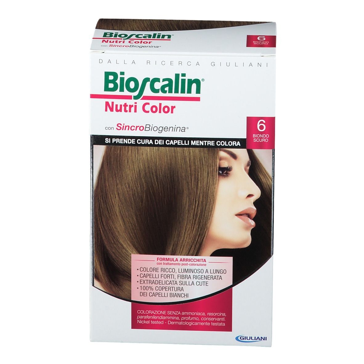 Bioscalin Nutri Color, Biondo Scuro 6. Frau mit gefärbten Haaren. Produktinformationen auf der Verpackung.