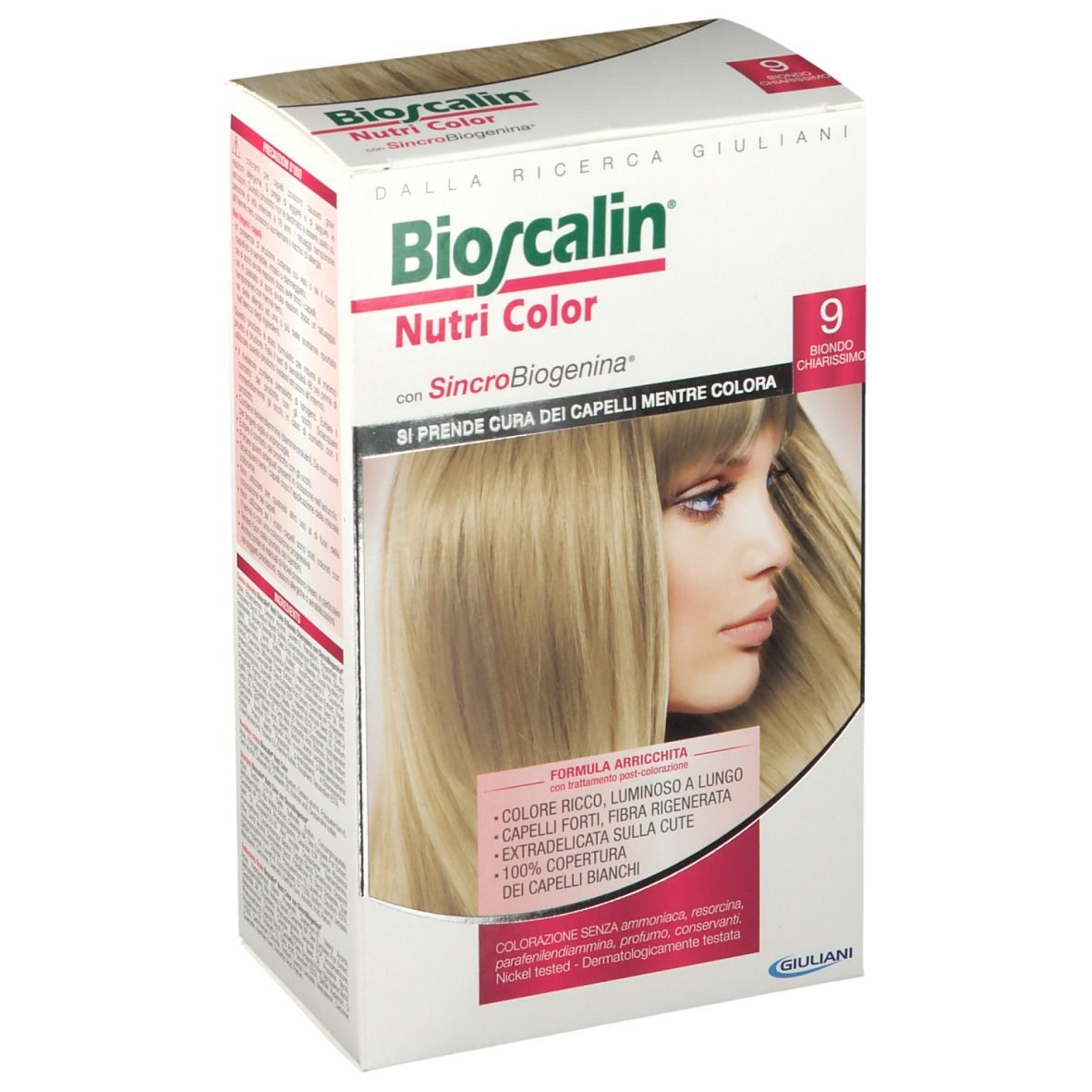 Boîte Bioscalin Nutri Color 9 Ultra Hellblond. Image du produit et nom. Inscriptions : '9', 'Biondo chiarissimo'.