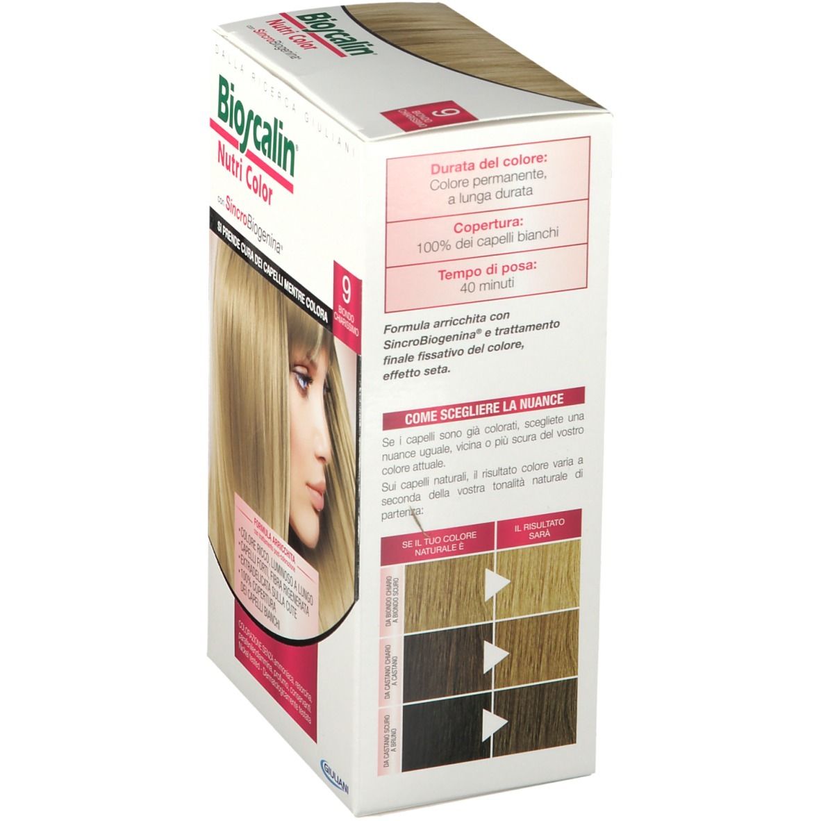 Boîte Bioscalin Nutri Color 9 Ultra Hellblond, vue latérale. Texte : 'Durata del colore', 'Copertura 100% dei capelli bianchi', 'Tempo di posa: 40 minuti'.
