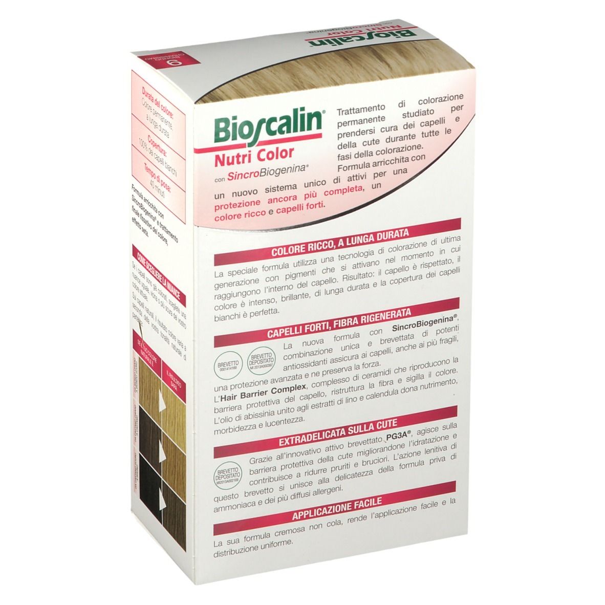 Boîte Bioscalin Nutri Color 9 Ultra Hellblond, dos. Texte : 'Colore ricco, a lunga durata', 'Capelli forti, fibra rigenerata', 'Extradelicata sulla cute'.