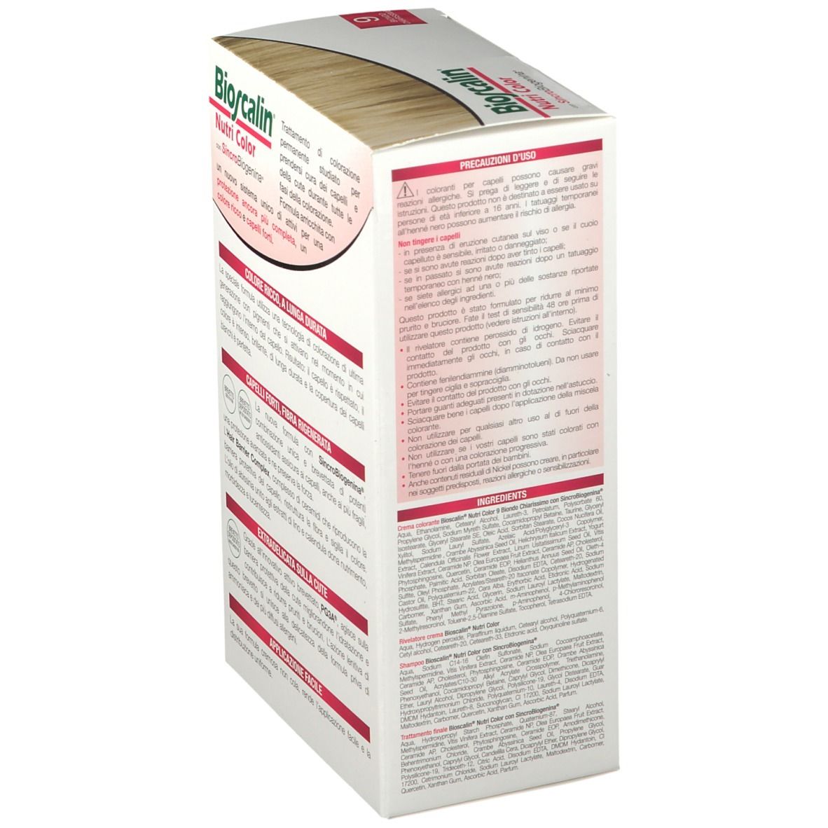 Boîte Bioscalin Nutri Color 9 Ultra Hellblond, dos avec avertissements et ingrédients. Texte en italien.