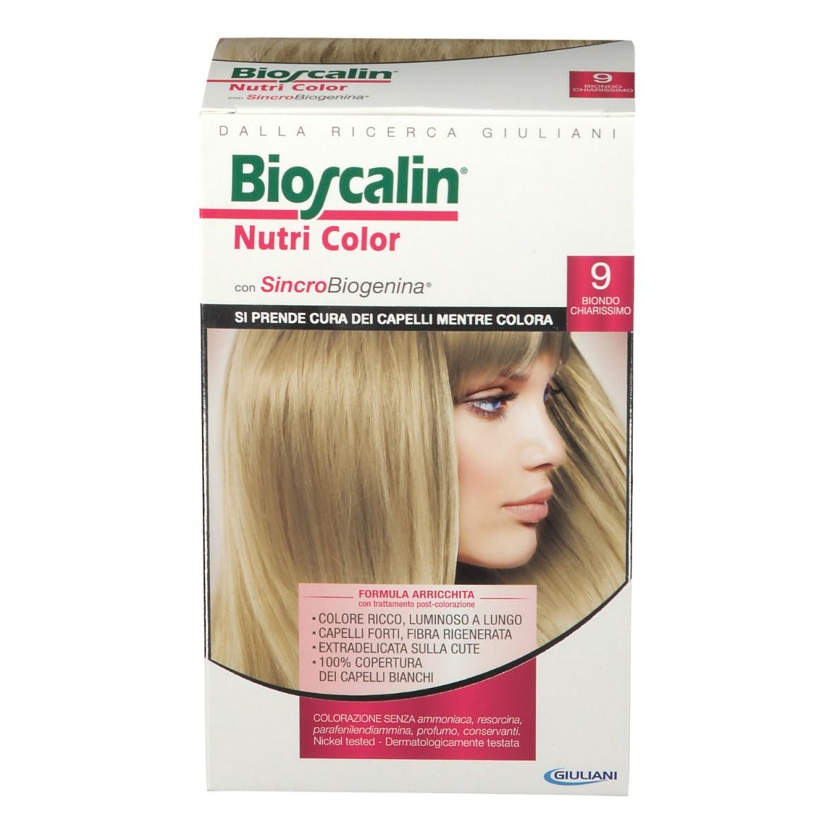 Boîte Bioscalin Nutri Color 9 Ultra Hellblond. Image du produit et nom. Inscriptions : '9', 'Biondo chiarissimo'.