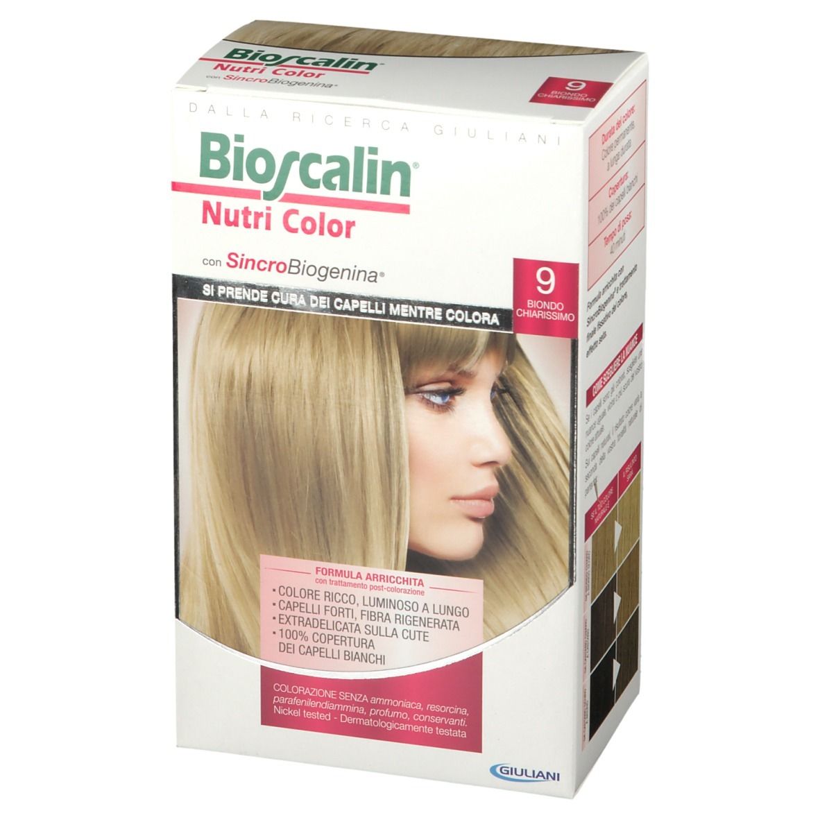 Boîte Bioscalin Nutri Color 9 Ultra Hellblond, vue en biais. Image du produit et exemples de couleurs. Inscriptions : '9', 'Biondo chiarissimo'.
