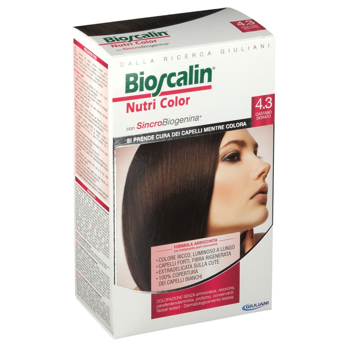 Boîte Bioscalin Nutri Color 4.3 Goldbraun. Image du produit et nom de marque. Inscriptions en italien.