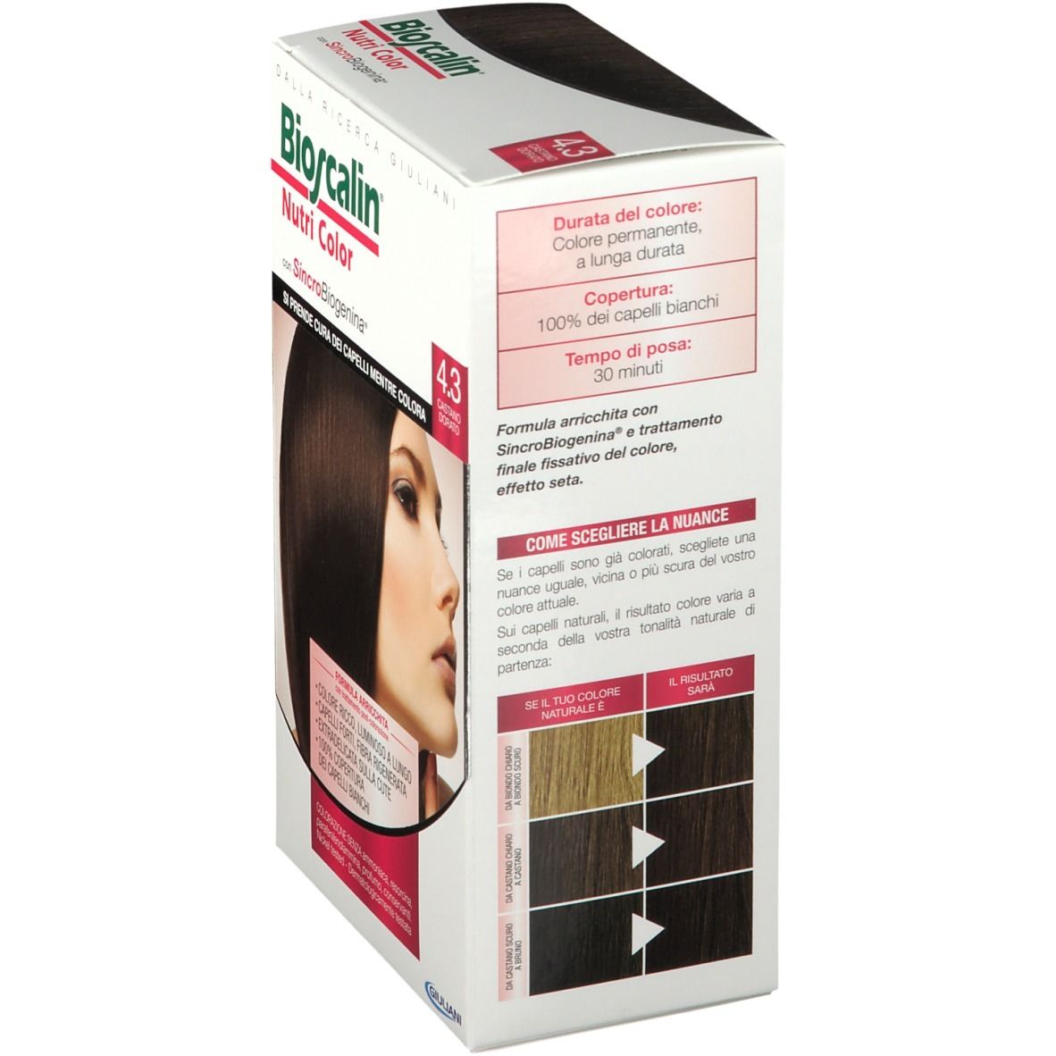 Boîte Bioscalin Nutri Color 4.3 Goldbraun. Informations produit. Texte en italien.