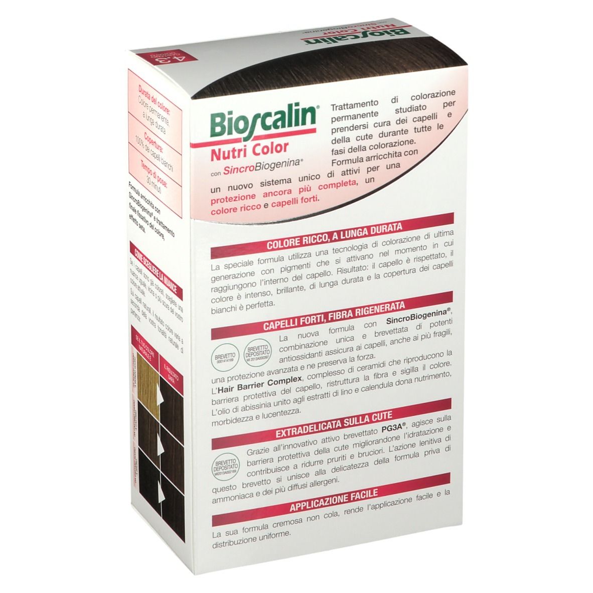 Boîte Bioscalin Nutri Color 4.3 Goldbraun. Informations produit. Texte en italien.