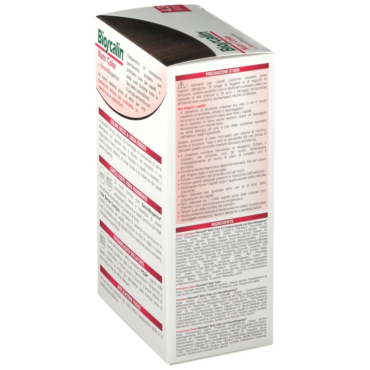 Boîte Bioscalin Nutri Color 4.3 Goldbraun. Informations produit. Texte en italien.