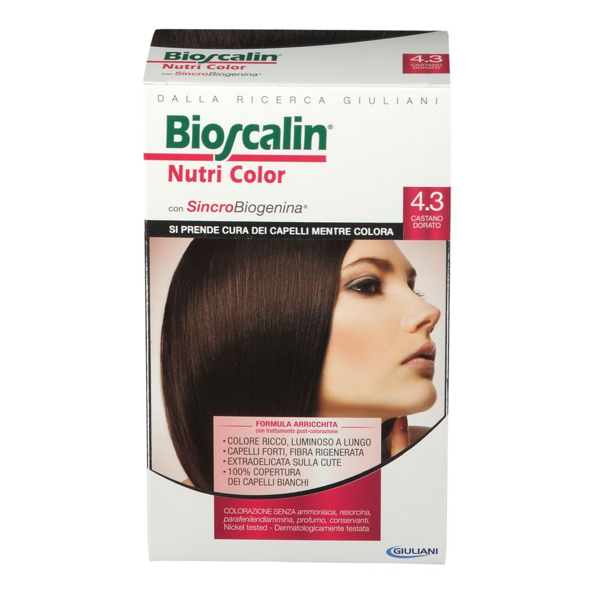 Boîte Bioscalin Nutri Color 4.3 Goldbraun. Image du produit et nom de marque. Inscriptions en italien.