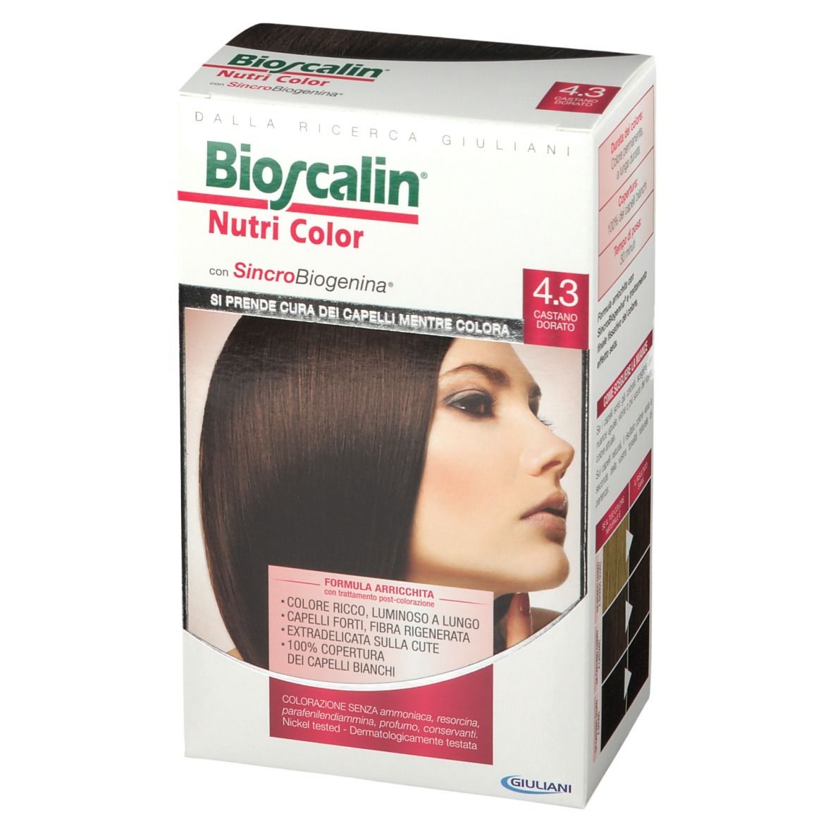 Boîte Bioscalin Nutri Color 4.3 Goldbraun. Image du produit et nom de marque. Inscriptions en italien.