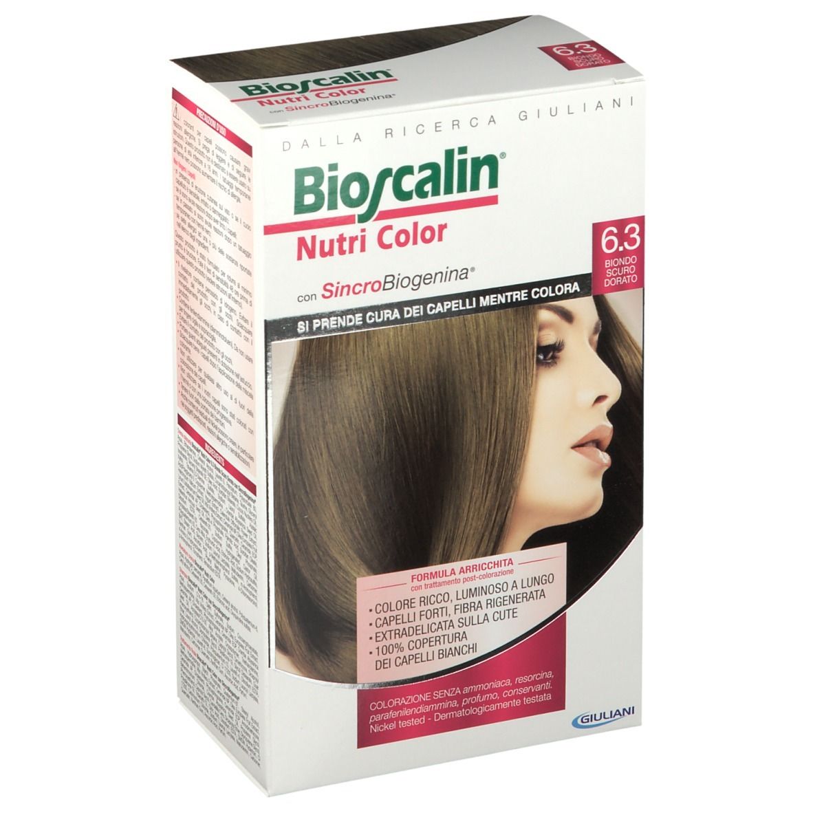 Bioscalin Nutri Color 6.3 Dunkeles Goldblond. Karton mit Produktabbildung und Produktinformationen. Vorderansicht.