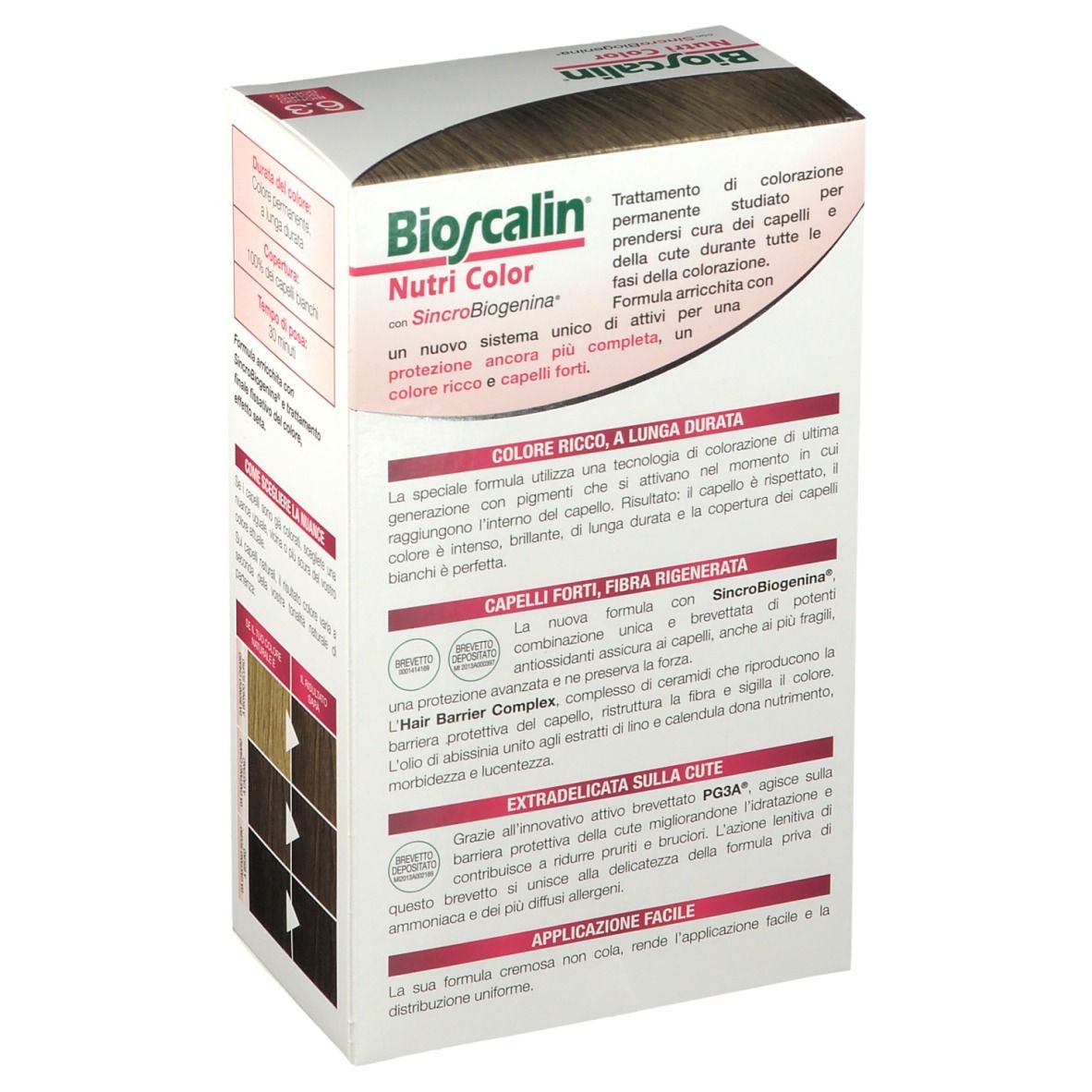 Bioscalin Nutri Color. Produktverpackung mit Textinformationen. Detailansicht der Inhaltsstoffe und Vorteile.