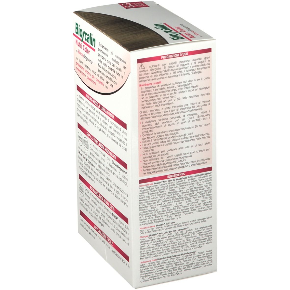 Bioscalin Nutri Color. Produktverpackung mit Textinformationen. Rückseite mit Anwendungshinweisen und Inhaltsstoffen.