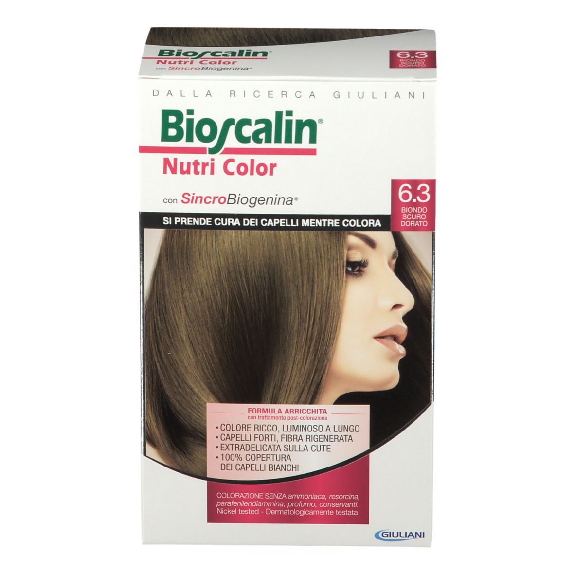 Bioscalin Nutri Color 6.3 Dunkeles Goldblond. Produktverpackung mit Produktabbildung. Vorderansicht.