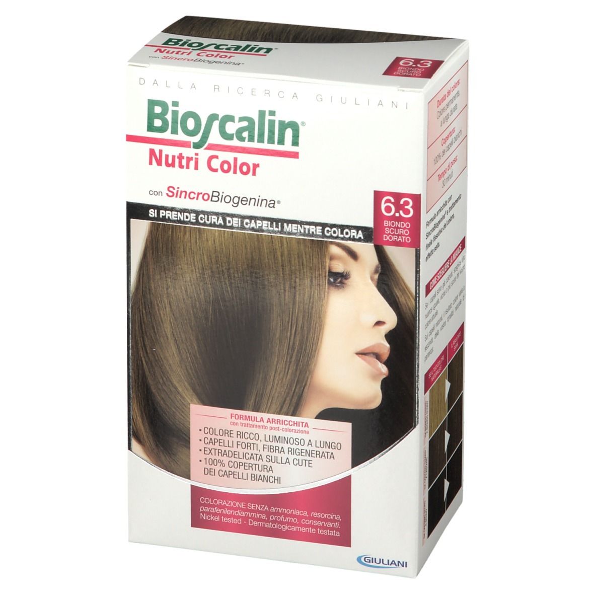 Bioscalin Nutri Color 6.3 Dunkeles Goldblond. Produktverpackung mit Produktabbildung und Farbauswahl.