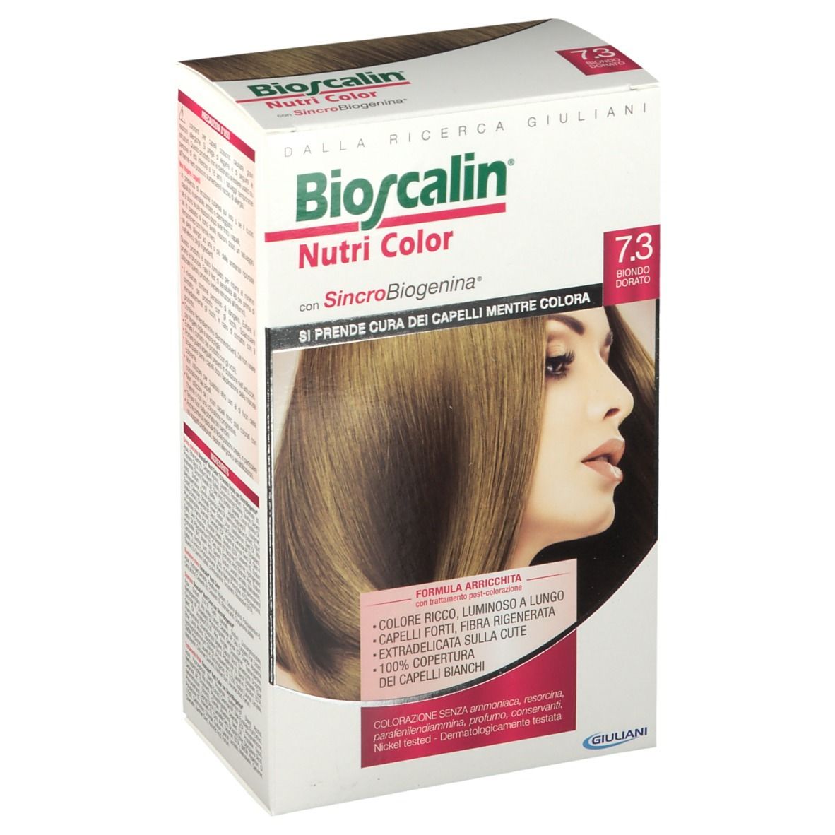 Boîte de coloration capillaire Bioscalin Nutri Color 7.3 Blond Doré. Face avant avec nom du produit, nuance et image d'une femme aux cheveux blonds dorés.