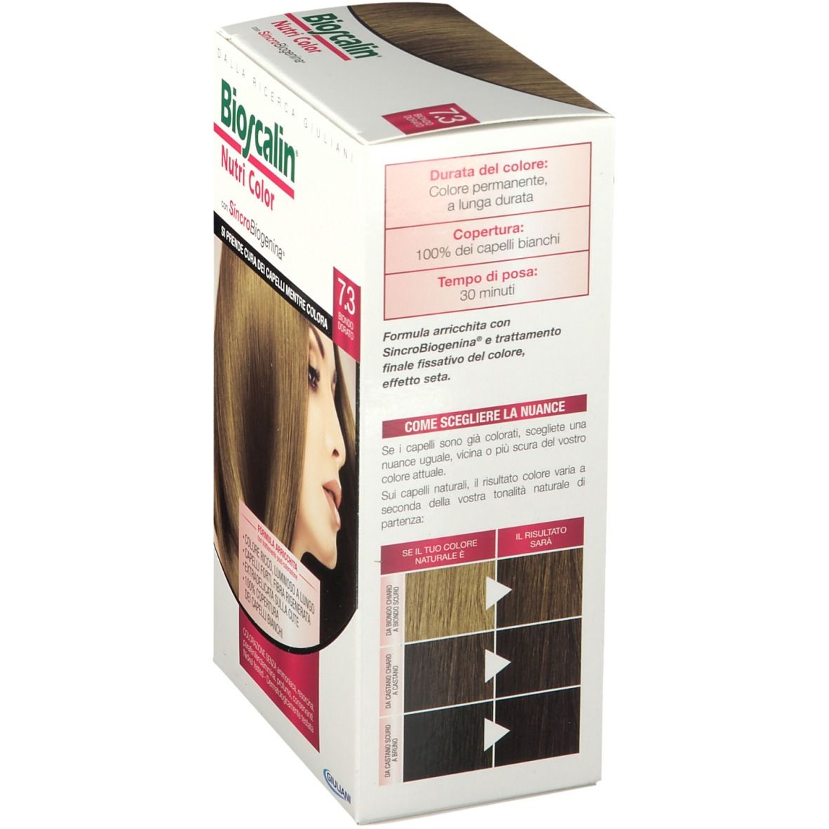 Boîte Bioscalin Nutri Color 7.3 Blond Doré, vue latérale. Nom du produit, nuance et informations sur le choix et l'application de la couleur.