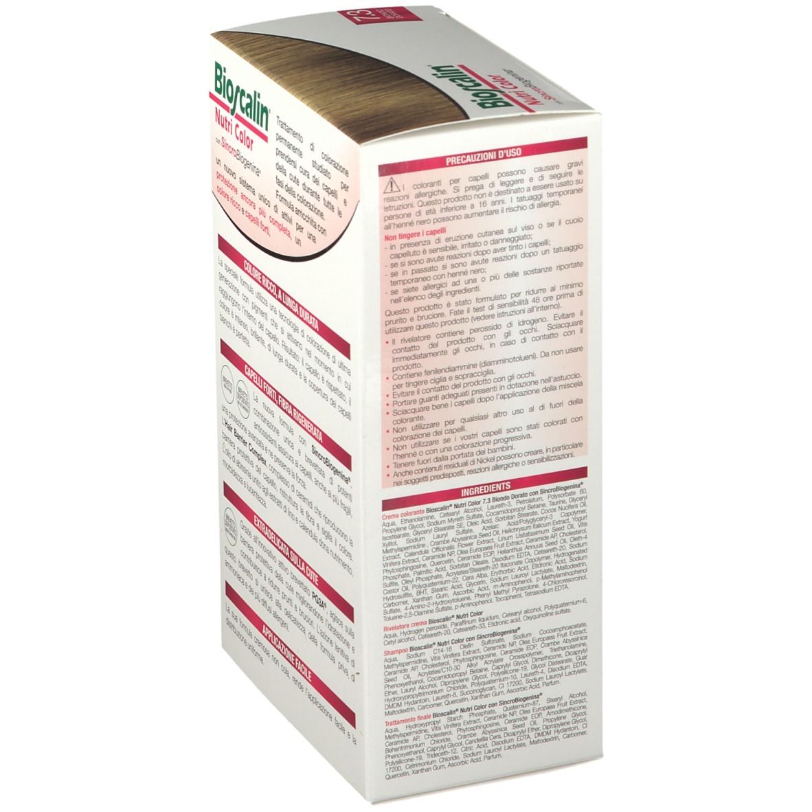 Boîte Bioscalin Nutri Color 7.3 Blond Doré, autre vue arrière. Texte sur les précautions et les ingrédients.