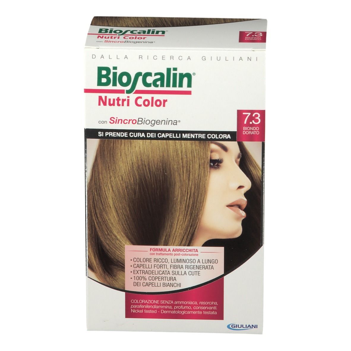 Boîte Bioscalin Nutri Color 7.3 Blond Doré. Vue de face avec nom du produit, nuance et image d'une femme aux cheveux blonds dorés.