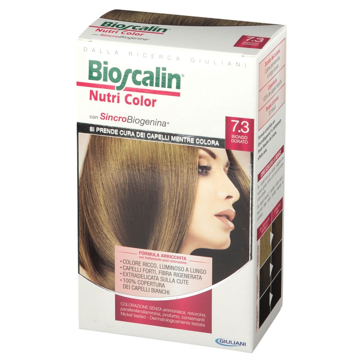 Boîte Bioscalin Nutri Color 7.3 Blond Doré. Vue de face avec nom du produit, nuance et image d'une femme aux cheveux blonds dorés.