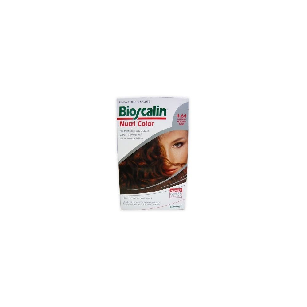 Bioscalin Nutri Color 4.64 Cuivre Acajou Brun coloration. Boîte en carton avec image d'une femme aux cheveux bruns.