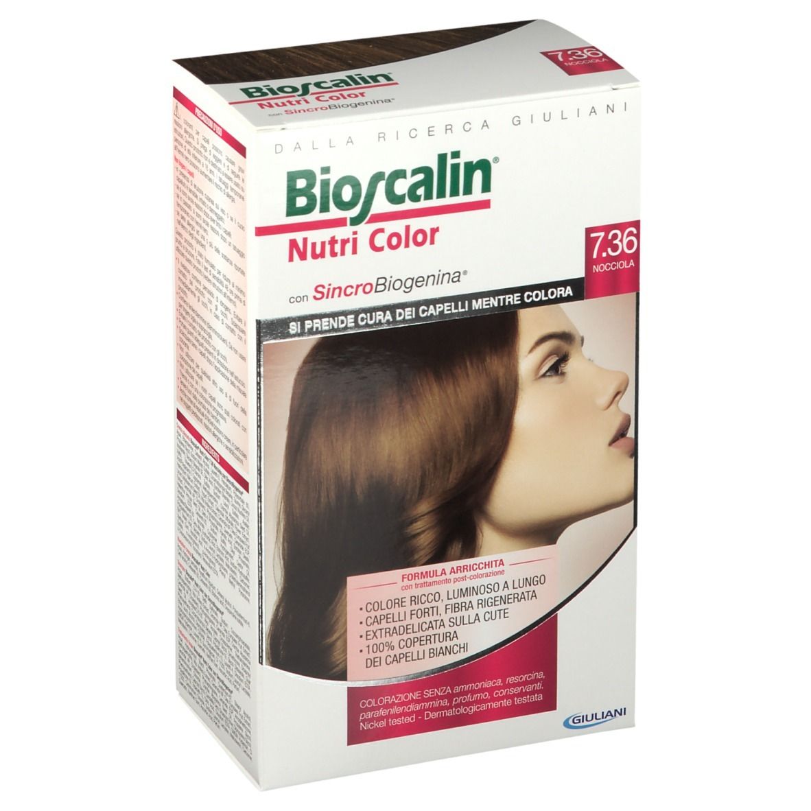 Boîte de Bioscalin Nutri Color 7.36 Noisette. Image du produit et texte. Marque et nuance clairement visibles.