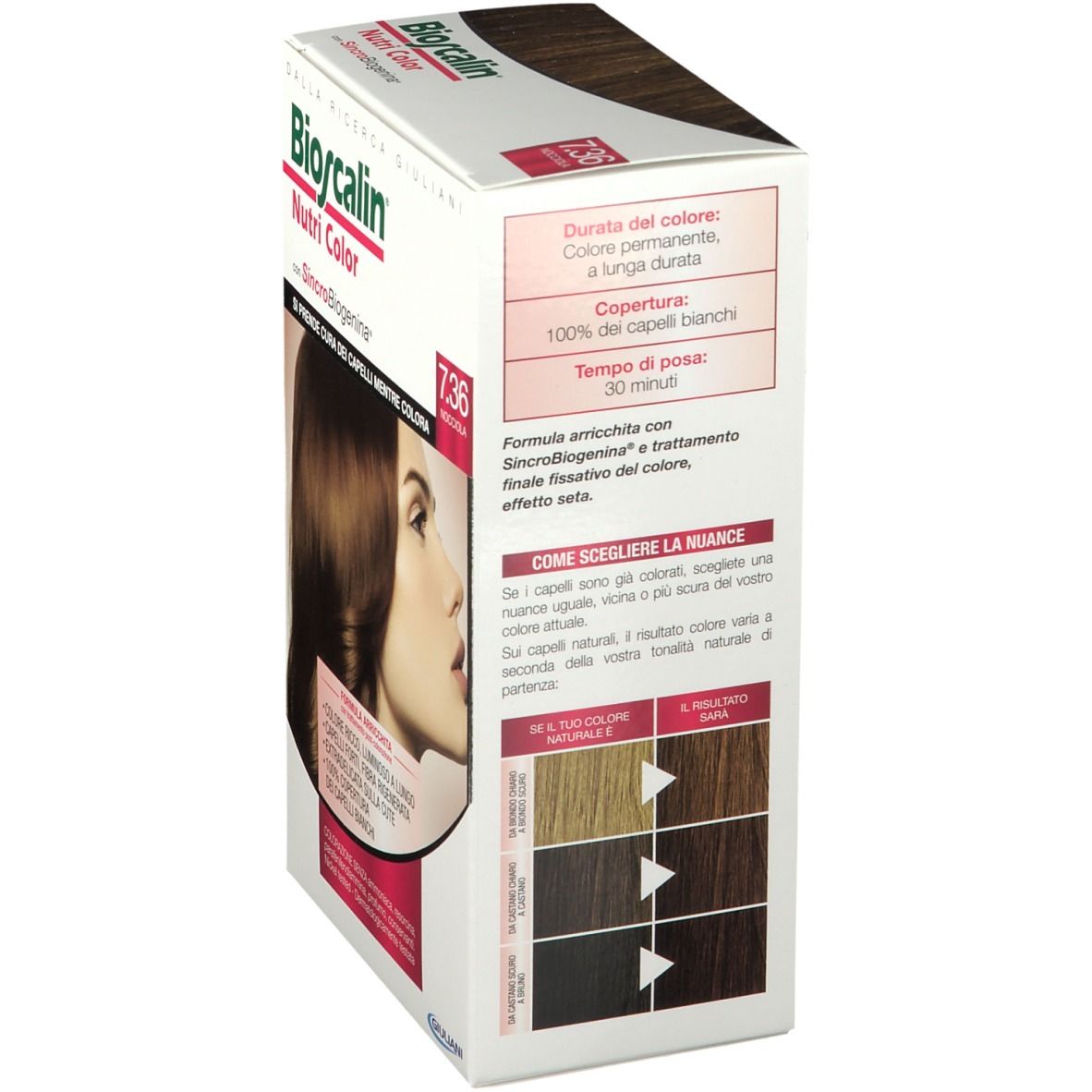 Boîte de Bioscalin Nutri Color 7.36 Noisette, vue latérale. Texte sur la couleur, la couverture et le temps de pose.