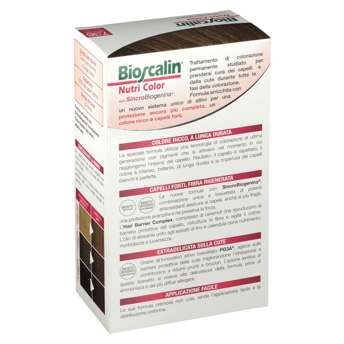 Boîte de Bioscalin Nutri Color 7.36 Noisette, dos avec informations et ingrédients du produit.