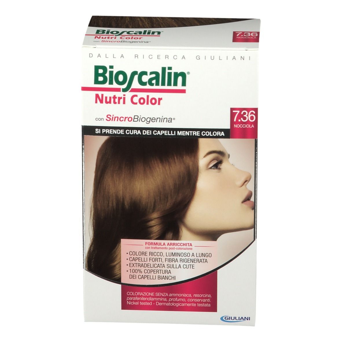 Boîte de Bioscalin Nutri Color 7.36 Noisette, vue de face. Nom du produit et nuance clairement visibles.