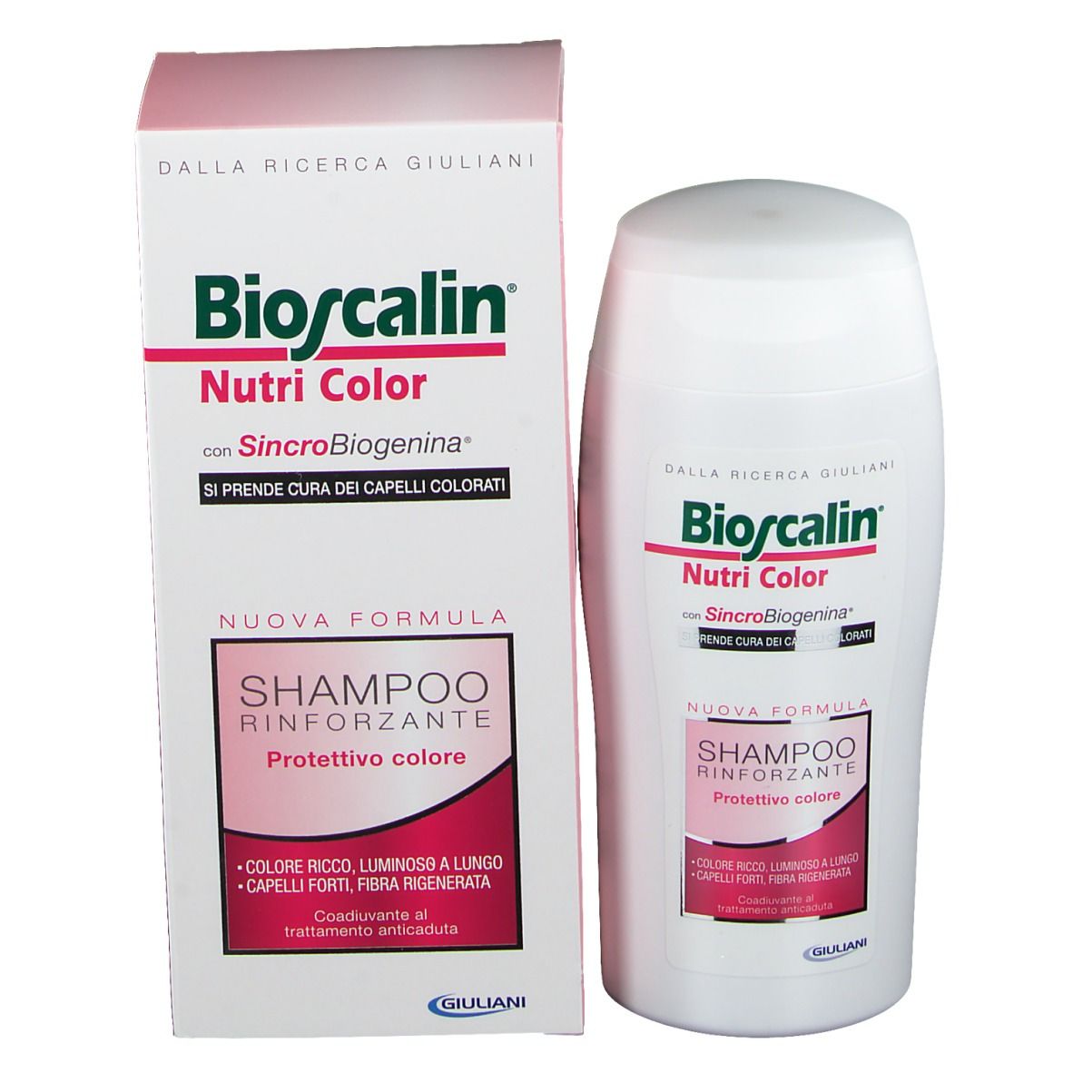 Produktverpackung und Flasche. Verpackung: weiß und rosa. Flasche: weiß. Aufschrift: Bioscalin Nutri Color.