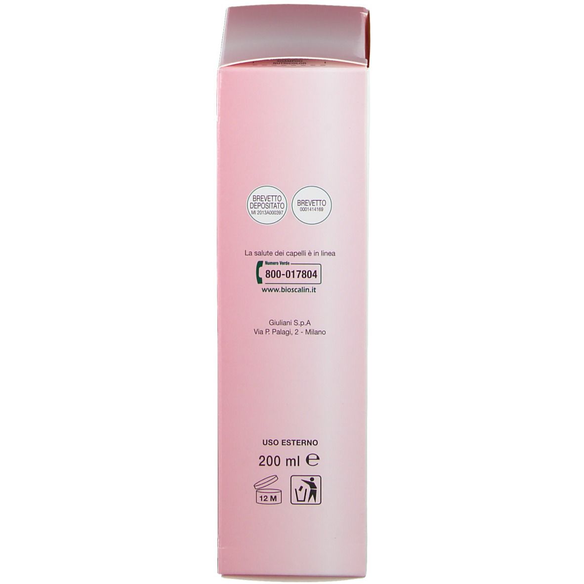 Rückseite einer rosa Flasche. Text in italienischer Sprache. Enthält Informationen zum Produkt.