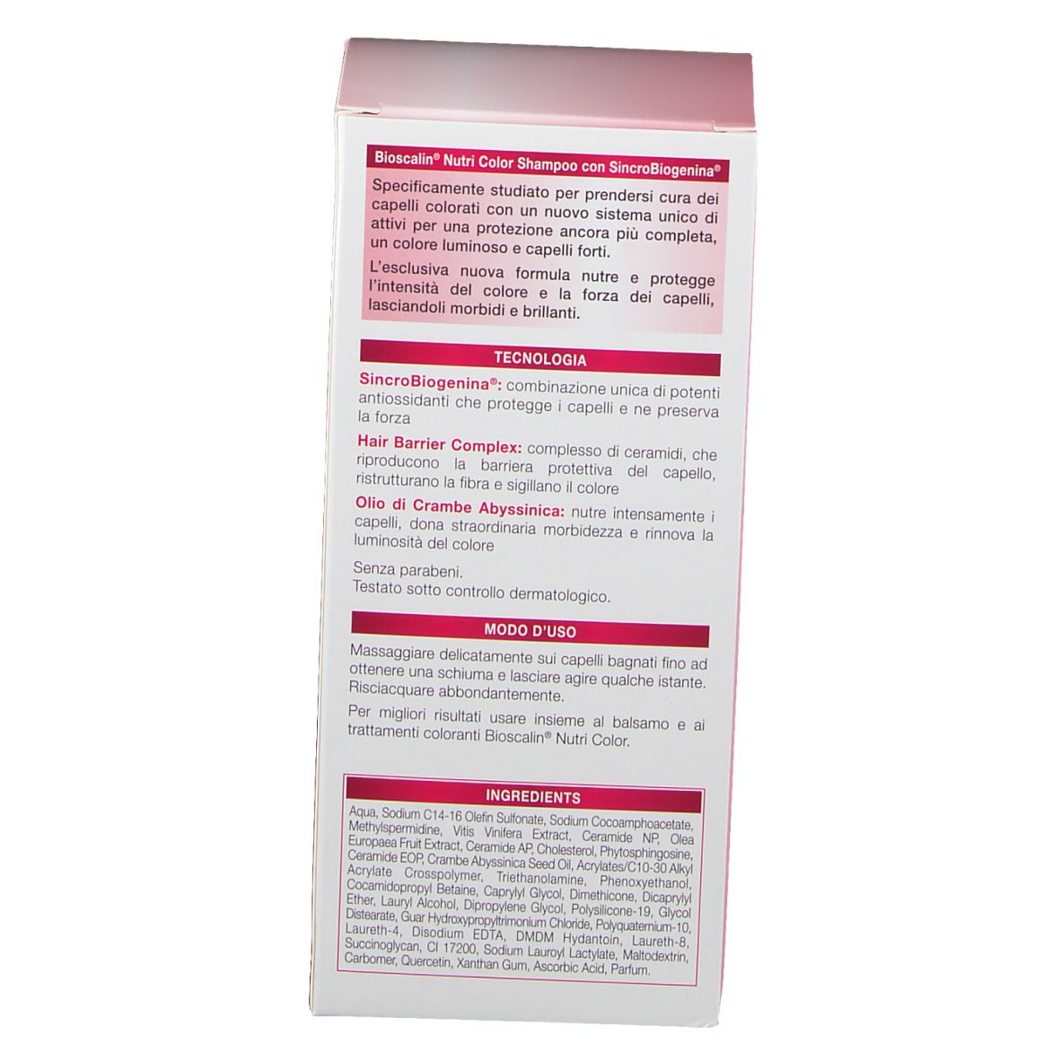Rückseite einer rosa Flasche. Text in italienischer Sprache. Enthält Informationen zum Produkt.