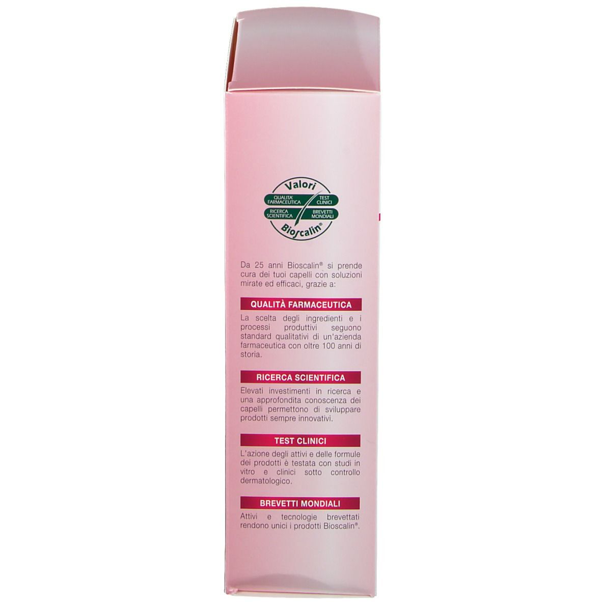 Rückseite einer rosa Flasche. Text in italienischer Sprache. Enthält Informationen zum Produkt.