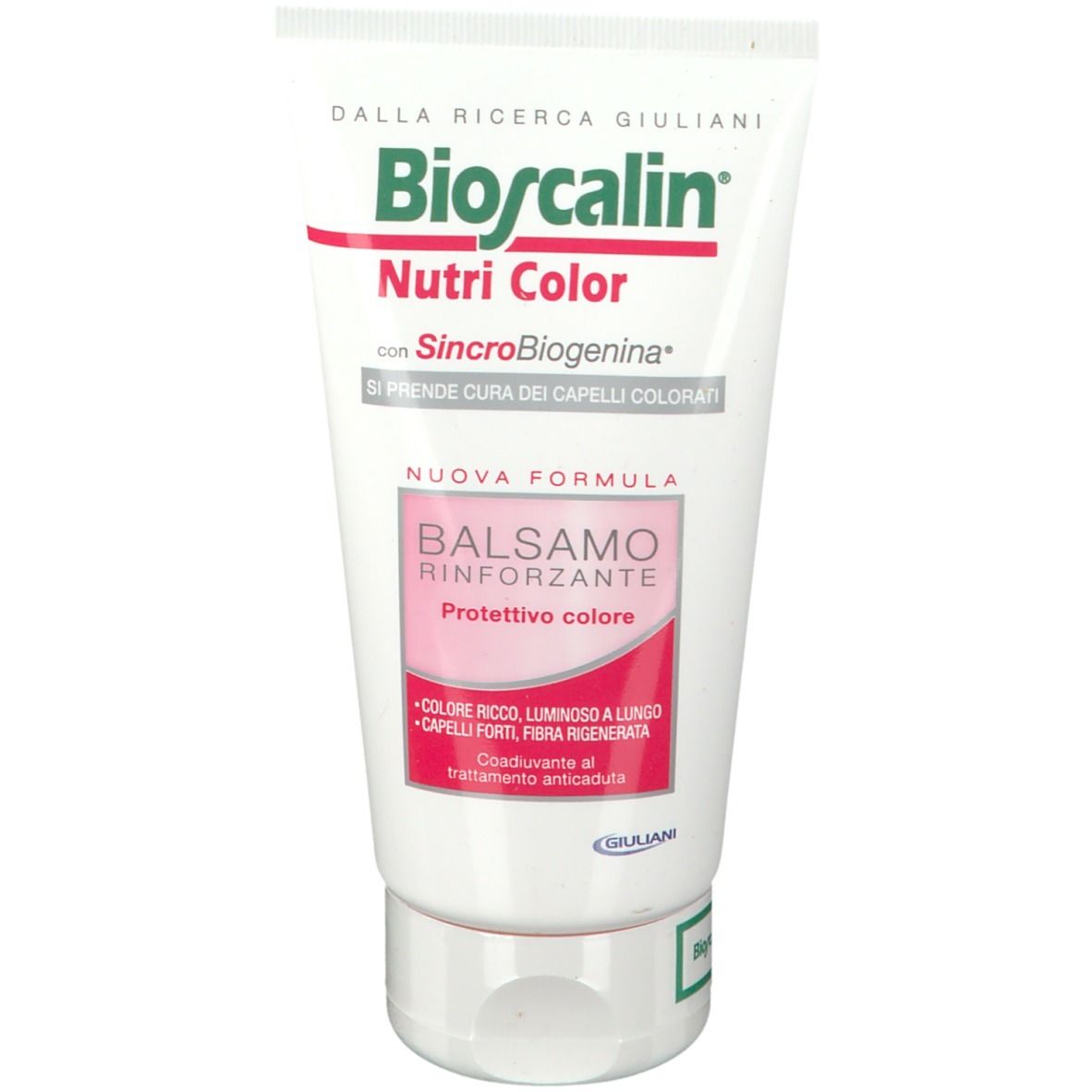 Tube mit Bioscalin Nutri Color Balsamo. Rosa Schrift auf weißem Hintergrund. Giuliani Logo.