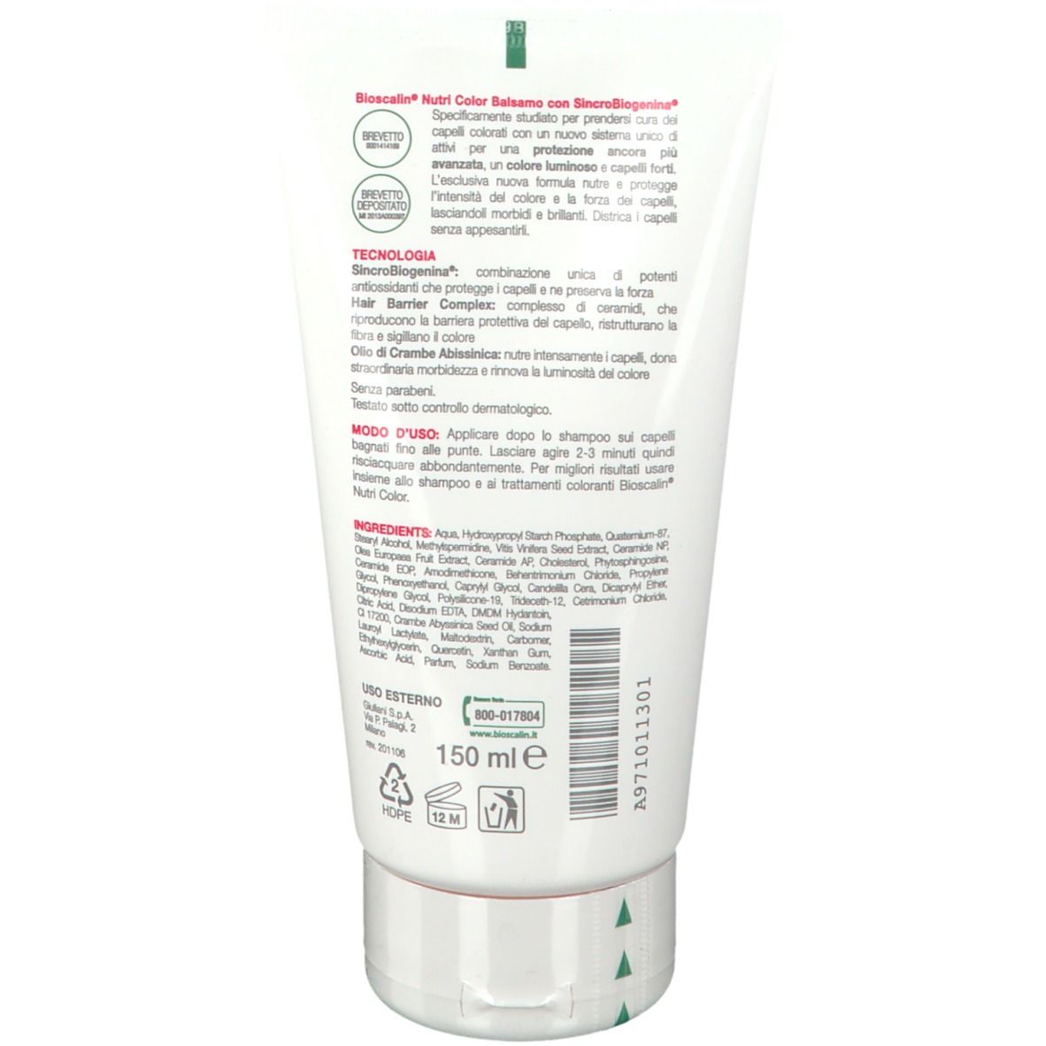 Rückseite der Tube Bioscalin Nutri Color Balsamo. Text in italienischer Sprache. 150 ml.