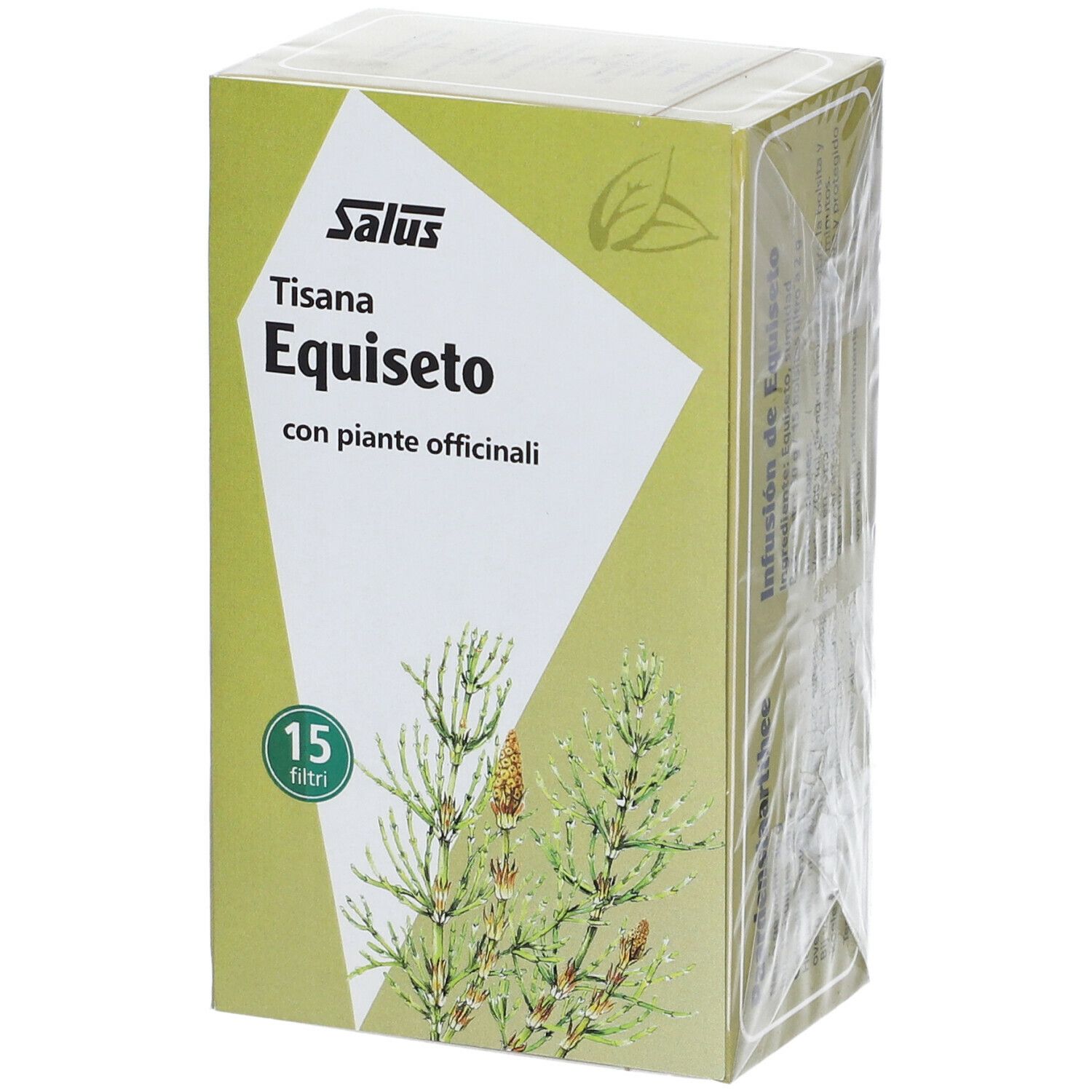 Verpackung von Salus Tisana Equiseto. Grün-weißes Design mit Produktnamen und Kräuterabbildung. 15 Filterbeutel.