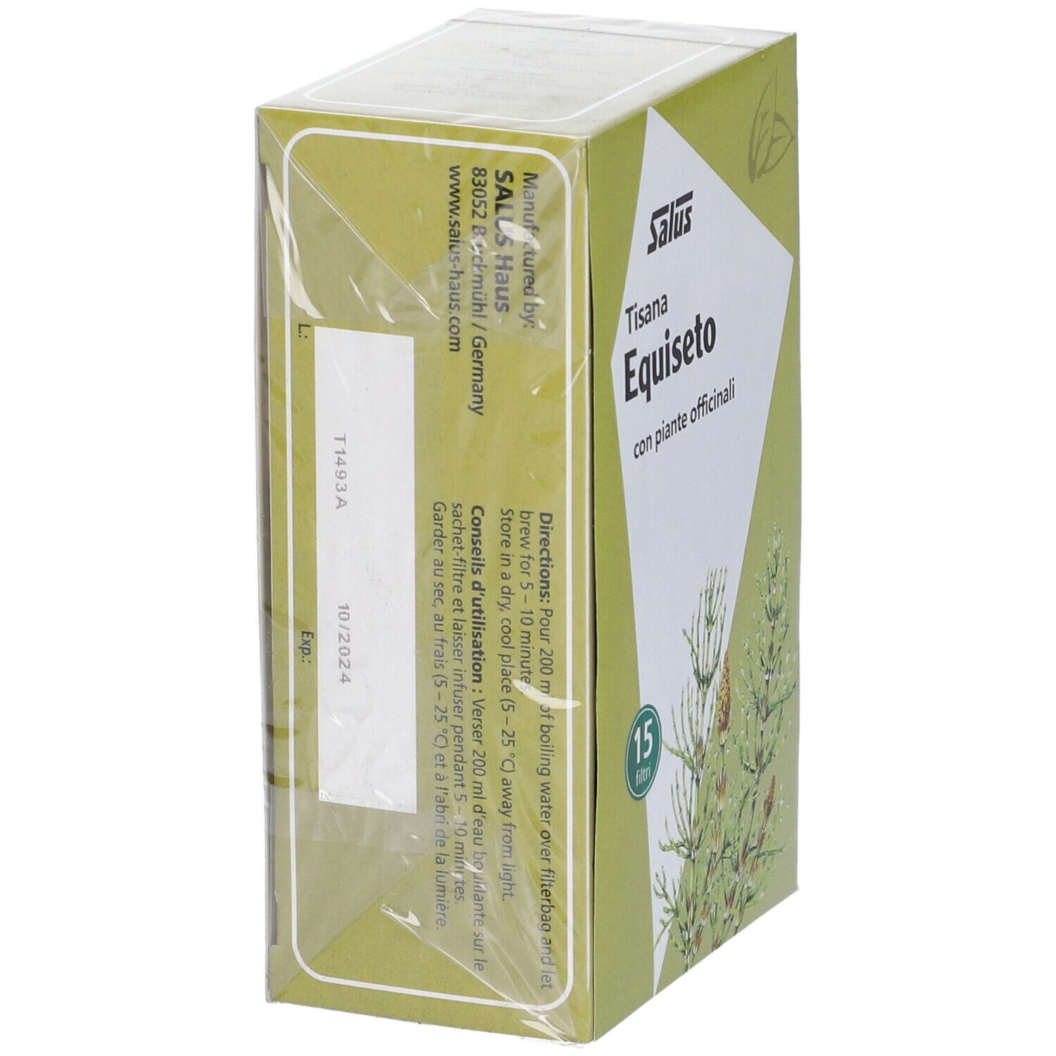 Seitenansicht der Salus Tisana Equiseto Verpackung. Enthält Informationen zu Inhaltsstoffen, Gebrauchsanweisung und Hersteller.