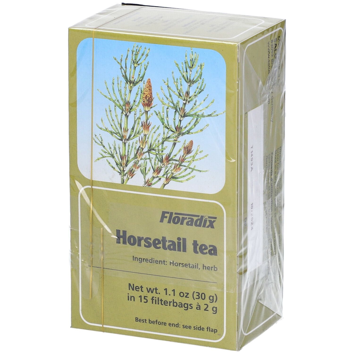 Verpackung von Floradix Horsetail tea. Grün-blaues Design mit Produktnamen und Kräuterabbildung. 15 Filterbeutel.