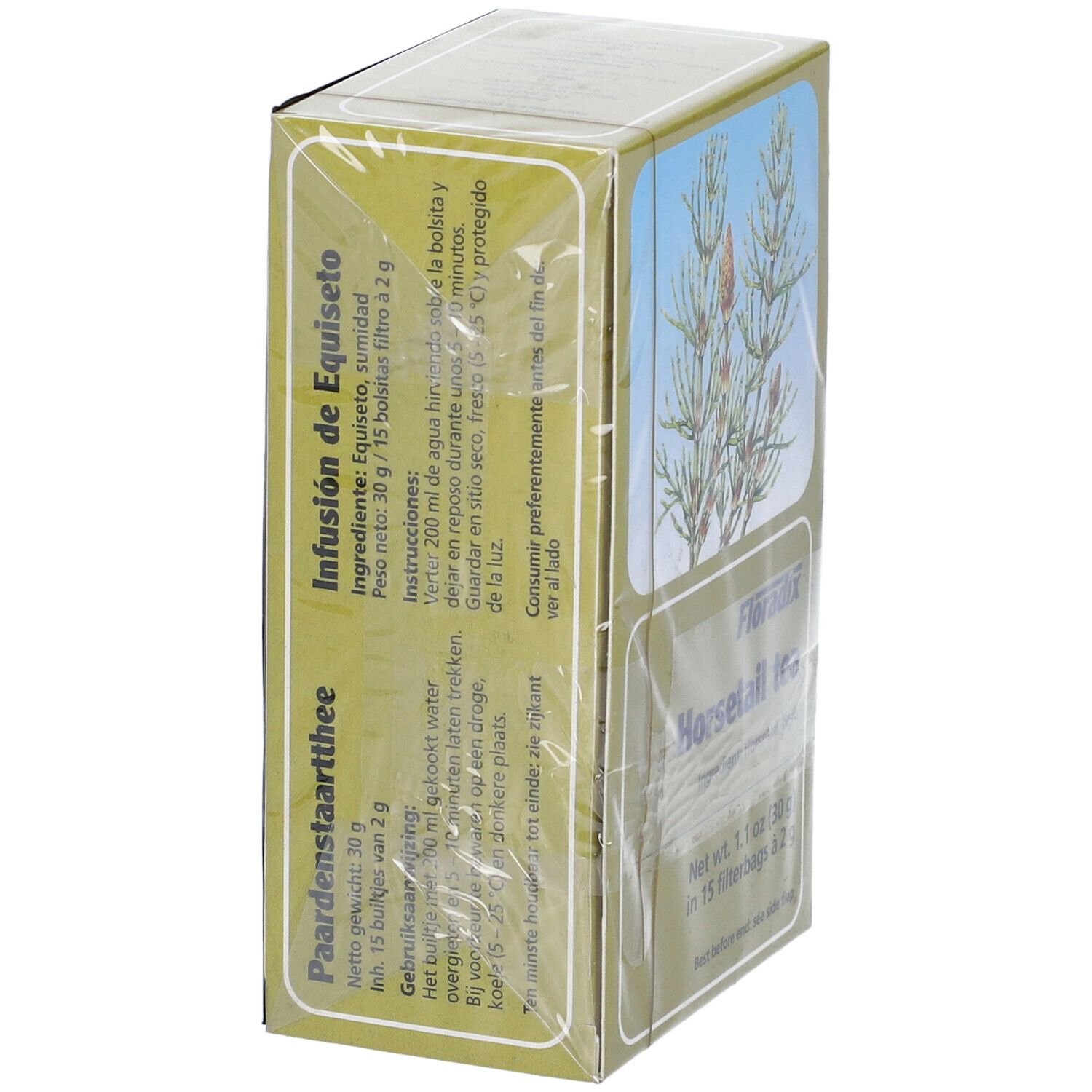 Seitenansicht der Floradix Horsetail tea Verpackung. Enthält Informationen zu Inhaltsstoffen, Gebrauchsanweisung und Hersteller.